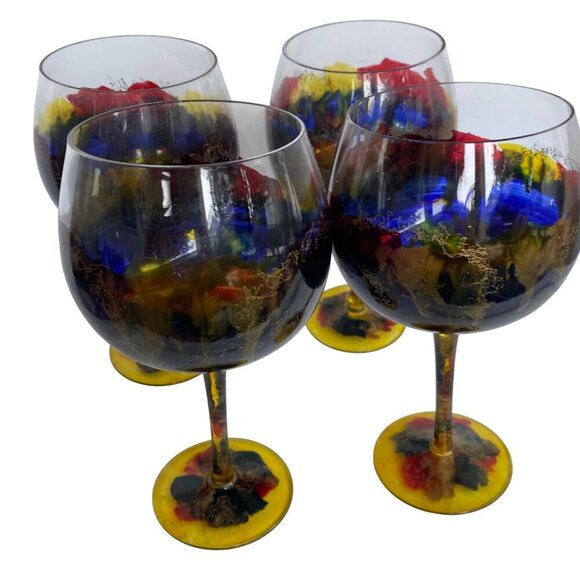 Set 4 Hand-Painted Colorful Red/Blue/Yellow Wine Goblets Vibrant Artistic Glass - Picture 1 of 16
